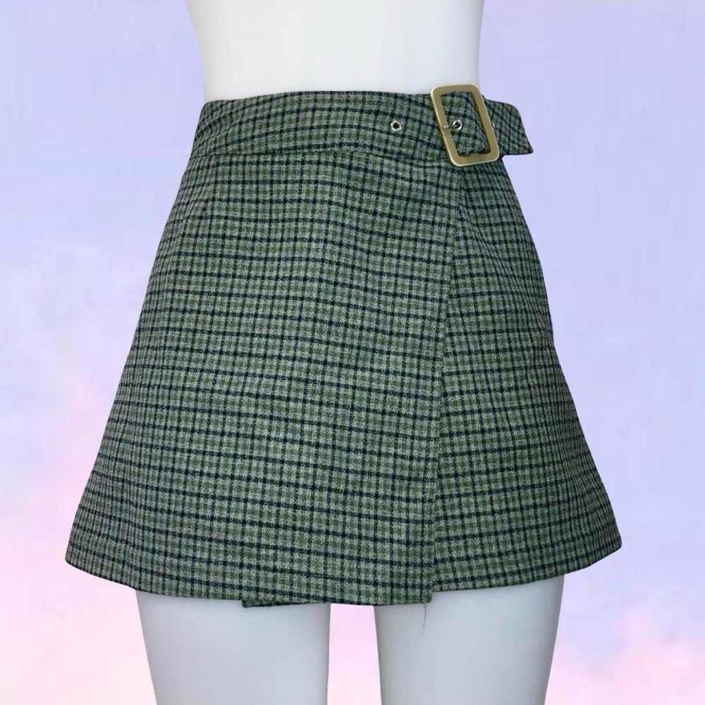 Vintage 90s y2k plaid XOXO Wrap Mini Skirt with Belt - Green
